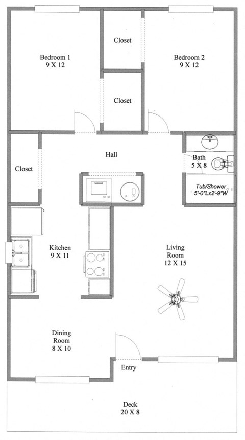 Floor plan for 2 beds, 1 bath, 800 sqft